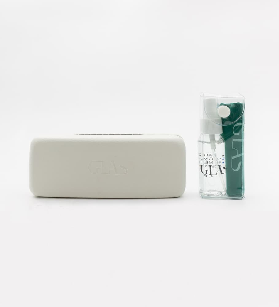 Hard case, lens cleaning kit and gold chain