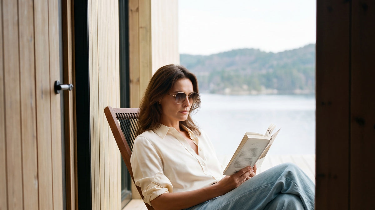 Woman on a terrace by the fjord, reading a book in GLAS sunglasses with reading strength
